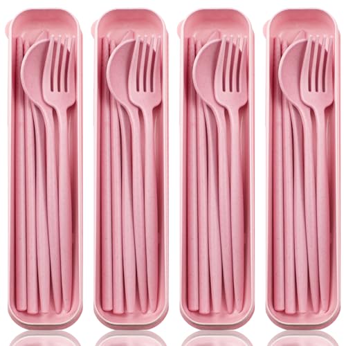 ELANE 4 Sets Reusable Travel Utensils Set with Case,Camping Cutlery Set Reusable Cutlery Set with Case,Utensil Sets for Lunch Picnic Daily Use Outdoor (pink) - color: Pink