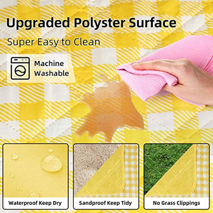 ZAZE Extra Large Picnic Blankets, 80''x80'' Washable Waterproof Foldable Oversized Compact Picnic Mat for Spring Summer Blanket Beach, Camping on Grass (Yellow and White) - color: Yellow and White