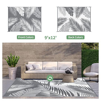 GENIMO Outdoor Rug 9' x 12' Waterproof for Patios Clearance, Reversible Plastic Straw Camping Carpet, Large Area Rugs Mats RV, Picnic, Backyard, Deck, Balcony, Porch, Beach, Grey&White