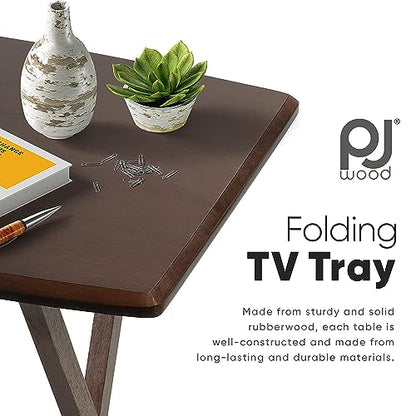 PJ Wood 5-Piece Folding Wooden Table Set, TV Tray Tables with Collapsible Storage Rack, Walnut - Portable and Adjustable Home Furniture for Living Room, Bedroom, and Kitchen
