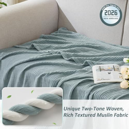 EMME Cotton Muslin Large Throw Blanket 4-Layer Couch Breathable Gauze Soft Lightweight Bed Blankets Adults Two-Tone Weave Design, Pre-Washed Softer Touch (Heather Teal, 50"x70") - color: 01 - Teal, size: Large Throw (50" X 70")