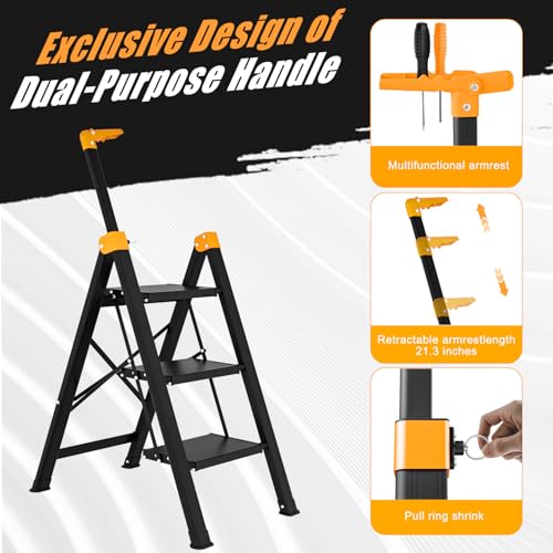 3 Step Ladder with Single-Handrail, Aluminum Step Stool Foldable, Lightweight Sturdy Step Ladder with Anti-Slip Pedals,Convenient Handrail for Home Kitchen Closet, 600lbs Max Load Capacity (Yellow) - color: Yellow, size: 3 steps