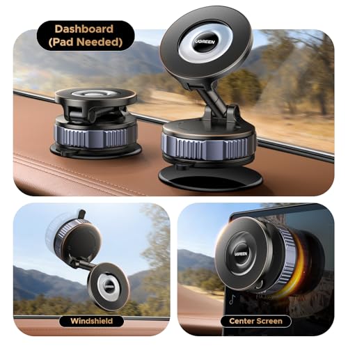 UGREEN Car Phone Mount for MagSafe [22xN52 & 80 LBS] 3600gf Magnetic Phone Holder Vacuum Suction with 360°Rotatable Dashboard Windshield Compatible with iPhone 17 16 15 14 13 12 Plus Pro Max Series