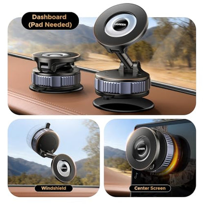 UGREEN Car Phone Mount for MagSafe [22xN52 & 80 LBS] 3600gf Magnetic Phone Holder Vacuum Suction with 360°Rotatable Dashboard Windshield Compatible with iPhone 17 16 15 14 13 12 Plus Pro Max Series