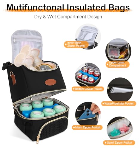 PIIOSER Breastmilk Cooler Bag with Ice Pack, Double Deck Insulated Baby Bottle Travel Bags with Shoulder Strap, Wearable Breast Pump Carry Bag for Nursing Moms Daycare, Work, Picnic(Black) - color: Black-2