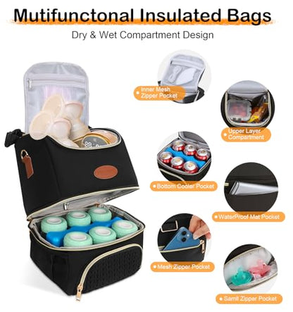 PIIOSER Breastmilk Cooler Bag with Ice Pack, Double Deck Insulated Baby Bottle Travel Bags with Shoulder Strap, Wearable Breast Pump Carry Bag for Nursing Moms Daycare, Work, Picnic(Black) - color: Black-2