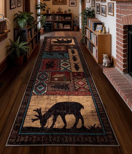 Rustic Cabin Hallway Runner Rug 2'8"x8' - Bear Washable Rug, Non-Slip Low Pile Soft Farmhouse Carpet, Southwestern Wildlife Print Floor Runner Rugs for Kitchen, Entryway, Laundry, Bedroom - color: Brown, size: 2'8"x8'(Runner)