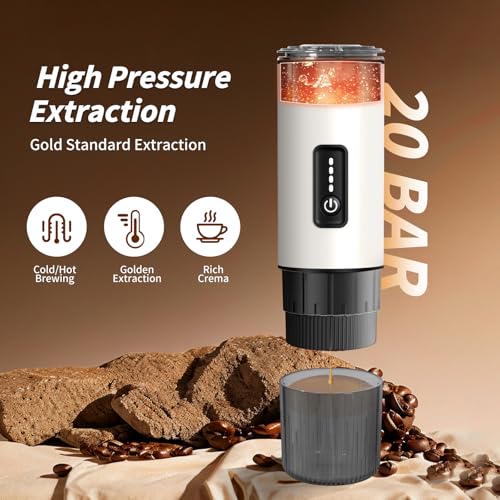 3-in-1 Portable Espresso Maker 20 Bar Self-Heating Stainless Steel Fits Ground Coffee & Nespresso Capsules USB-C Rechargeable for Camping Car Hiking Office - color: White