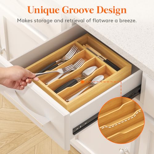 Lifewit Silverware Drawer Organizer, Utensil Tray for Kitchen, Flatware and Cutlery Holder, Storage for Spoons Forks Knives, 9.9 x 12.8", Natural - size: 9.9''W x 12.8''D