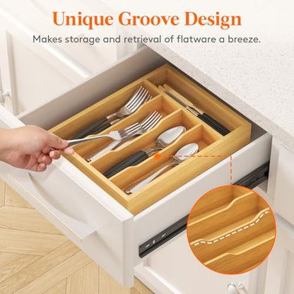 Lifewit Silverware Drawer Organizer, Utensil Tray for Kitchen, Flatware and Cutlery Holder, Storage for Spoons Forks Knives, 9.9 x 12.8", Natural - size: 9.9''W x 12.8''D