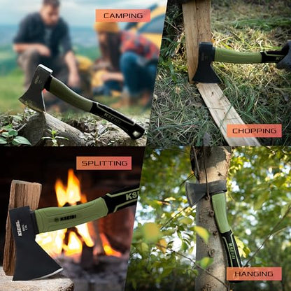 KSEIBI Hatchet with Sheath, Camping Axe for Splitting and Kindling Wood, Forged Steel Blade with Anti-Slip and Shock Reduction Handle Great Throwing Hatchets (Sausalito Green) - style: Sausalito Green