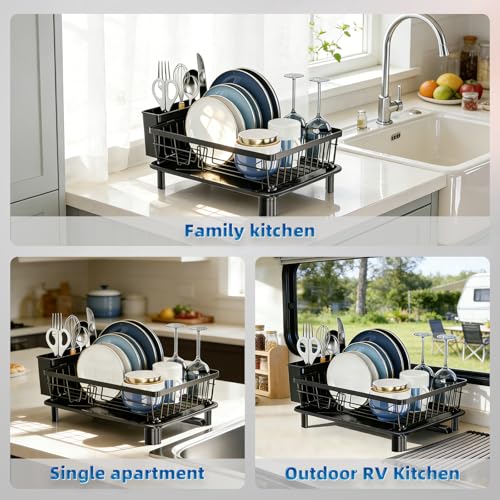 GAOKASE Dish Drying Rack, Stainless Steel-Dish Rack, Dish Racks for Kitchen Counter, Kitchen Dish Drainers with Removable Utensil Holder,New Drain Outlet,Plate Rack and Drainboard,Black - color: Black