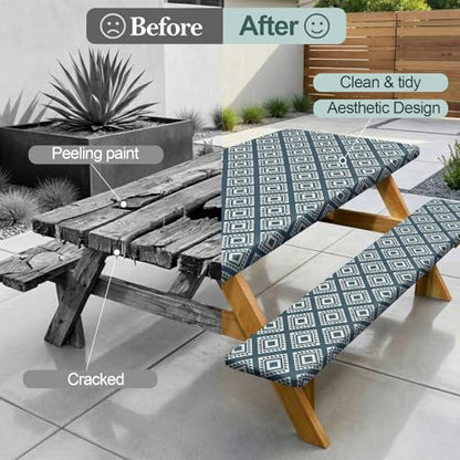 Play Tailor Picnic Table Cover with Bench Covers Camping Essentials Waterproof Windproof Camping Tablecloth with Drawstring Bag, Fitted Rectangle Tables and Seats, 72in, Blue Green Plaid - color: Blue Green Plaid, size: 72in