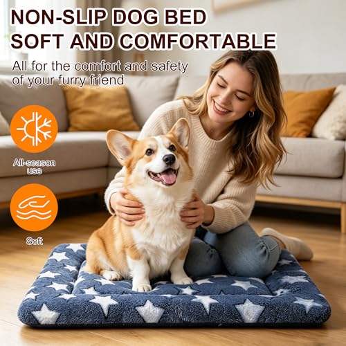 Dog Bed Mat, Reversible Crate Pad & Cute Dog Bed - Machine Washable Kennel Mat with Ultra Soft for Medium Dogs - color: Dark Blue Stars, size: 30"L*20"W*1.5"Th