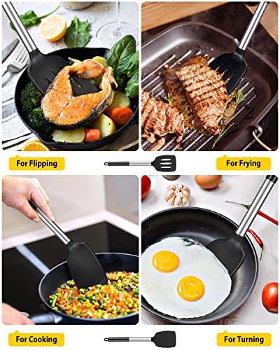 Pack of 2 Silicone Solid Turner, Non Stick Slotted Kitchen Spatulas, High Heat Resistant BPA Free Cooking Utensils, Ideal Cookware for Fish, Eggs, Pancakes(Black) - color: Black