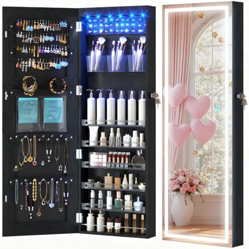 LVSOMT LED Mirror Jewelry Cabinet Door Hanging, Wall Mounted Jewelry Mirror Organizer Full Length, Lockable Jewelry Armoire, Large Capacity, for Small Space Bedroom, Gift for Women, Black - color: Wood Black