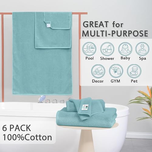 Towels for Bathroom - 100% Cotton | Lightweight | Thick | Soft, Quick Dry Towels, Bath Towel Set of 6 Large, 2 Bath 30"x56", 2 Hand 18"x28", 2 Washcloths 13"x13", Luxury Shower Towel Set, Aqua Teal - color: Jack Frost- Aqua Teal, size: 6 PC Bathroom Towel