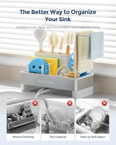 Nacial Sponge Holder for Kitchen Sink, Sink Caddy Organizer with High Brush Holder & Two Towel Racks - Rustproof 304 Stainless Steel Kitchen Countertop Storage Essentials - White - color: White