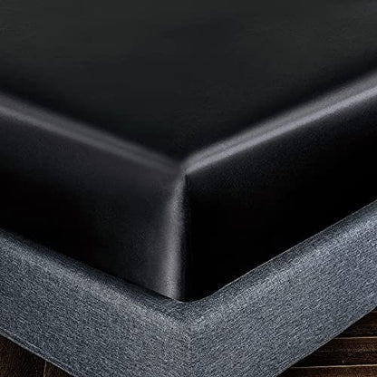 Homiest 3pcs Satin Sheets Set Luxury Silky Satin Bedding Set with Deep Pocket, 1 Fitted Sheet + 1 Flat Sheet + 1 Pillowcase (Twin Size, Black) - color: Black, size: Deep pocket - Twin size