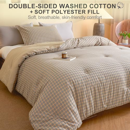 100% Cotton Comforter Set Full Size – Reversible Yarn-Dyed Checkered Design, Soft Washed Cotton on Both Sides, Lightweight All-Season Bedding, Machine Washable(Beige Plaid, 80”x90”) - color: Beige, size: Full(80"x90")