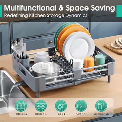TOOLF Dish Drying Rack for Kitchen Counter, Extendable Dish Rack with Drainboard, Expandable Dish Drainer, Collapsible Dish Strainer with Cutlery Holder, Foldable Countertop Plate Rack, Light Gray - color: Light Gray