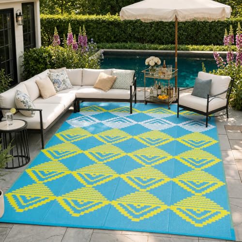 Lahome Outdoor Rugs 8x10 Waterproof, Reversible Plastic Large Outdoor Rug for Patios, Outside RV Mat Carpet for Deck Porch Backyard Balcony Picnic Trailer (Blue/Yellow, 8' x 10') - color: Blue/Yellow/Checkered, size: 8'x10'