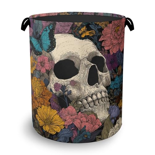 Skeleton Laundry Basket,Butterfly Flowers Oxford Cloth Laundry Hamper with Handle Foldable Portable Clothes Storage Basket for Bathroom Bedroom Dorm Room 16" x 20.8" - color: Skeleton Butterfly Flowers