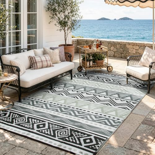Lahome Outdoor Rug Waterproof, 5x8ft Reversible Outdoor Plastic Straw Rug for Camping, RV Patio Rugs Outside Carpet for Porch Deck Backyard Balcony Picnic(Grey/Black,5'x 8') - color: Black/Grey, size: 5'x8'