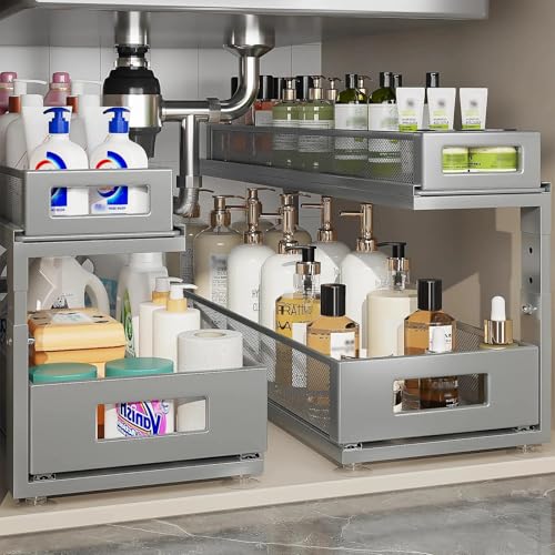 2 Pack 21.3IN-Depth Under Sink Organizer with Next-Gen Ball-Bearing Slides,2-Tier Pull Out Cabinet Storage,Height Adjustable Drawer Shelf for Bathroom,Kitchen,Laundry,Cabinet,Pantry-Gun Gray - color: Gun Gray, size: 2 Pack-21.3"Dx12.8"-16.9"H