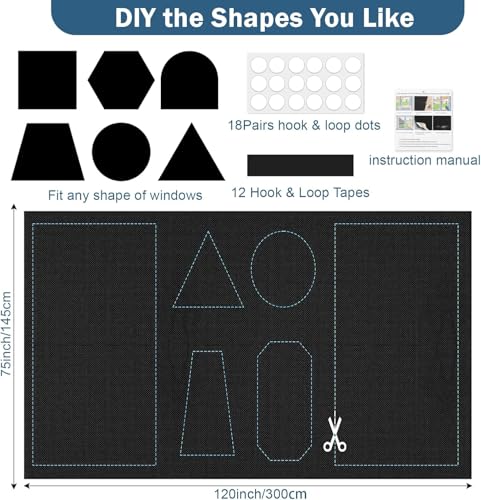 100% Blackout Window Cover, 118" x 57" 420D Portable Blackout Blinds 100% Blackout Window, Temporary Black Out Shades for Windows Cover Travel, Cut Any Size, 18 Adhesive & 12 Loop Tapes - size: 57"W x 118"H