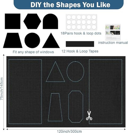 100% Blackout Window Cover, 118" x 57" 420D Portable Blackout Blinds 100% Blackout Window, Temporary Black Out Shades for Windows Cover Travel, Cut Any Size, 18 Adhesive & 12 Loop Tapes - size: 57"W x 118"H
