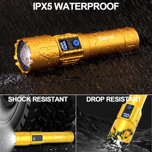 Banral Rechargeable Tactical Flashlights 2000 High Lumens - 5000mAh Super Bright LED Powerful Flash Light, Waterproof Handheld USB C Flashlight for Home,Car,Camping,Emergencies,5 Modes (1, Gold) - color: Gold