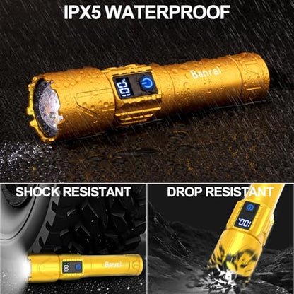 Banral Rechargeable Tactical Flashlights 2000 High Lumens - 5000mAh Super Bright LED Powerful Flash Light, Waterproof Handheld USB C Flashlight for Home,Car,Camping,Emergencies,5 Modes (1, Gold) - color: Gold