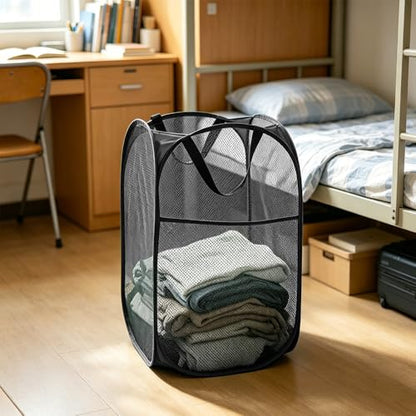 Larpur Popup Mesh Laundry Basket, Collapsible and Portable Clothes Washing Laundry Hamper with Reinforced Carry Handle (Black 2pcs) - color: 2*BLACK