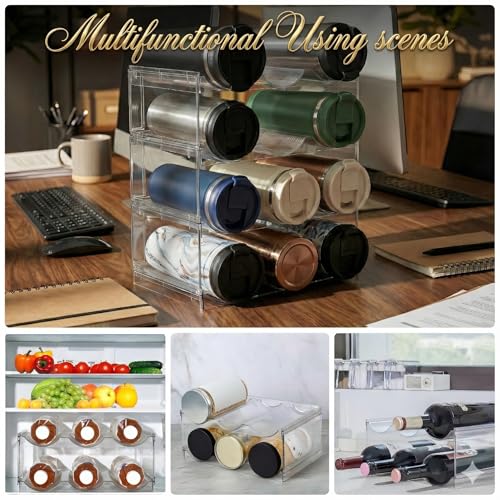 Stackable Water Bottle Organizer for Cabinet, Plastic Bottle Holder Designed for Starbucks Studded Tumblers up to 40oz, Plastic Cup Holder&Wine Rack for Pantry,Cupboard- 4 Layers Hold 12 Bottles - size: 4 layers
