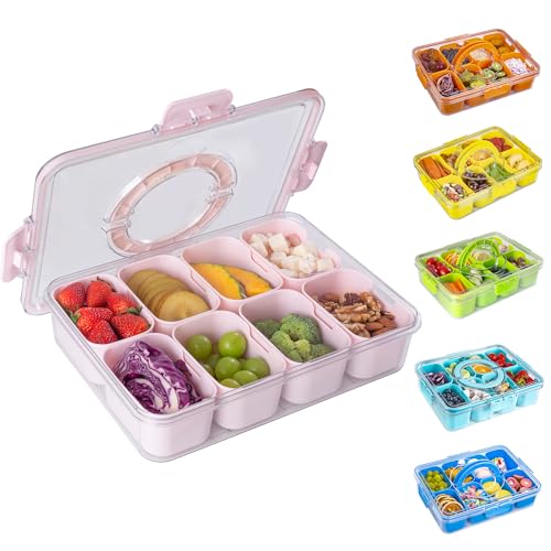 WACOI Divided Snack Serving Tray with Lid and Handle Travel Snackle Charcuterie Container Portable Storage Organizer for Candy, Fruits, Nuts, Snacks, Party, Picnic (1pack, Pink) - color: Pink, size: 1 Pack-8 Compartments