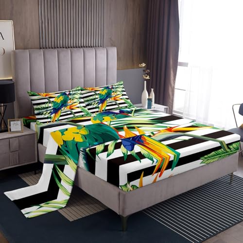 Erosebridal Tropical Tree Fitted Sheet Twin XL,Black White Stripe Bedding Set Green Plant Palm Leaves Bed Cover Bird Parrot Animal Bed Sheet Set,Botanical Yellow Floral Bedding with 1 Pillow Sham - color: Leaf 06, size: TwinXL(39"x80")