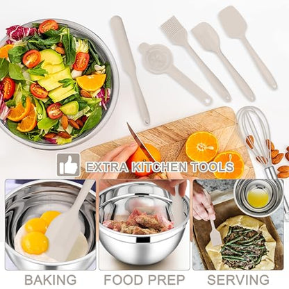 E-far Mixing Bowls with Lids Set, 21PCS Stainless Steel Mixing Salad Bowls with 3 Grater Attachments, Size 7, 4.6, 3.5, 2.6, 2, 1.5, 1QT, Nesting Design & Khaki Airtight Lid, For Baking/Prepping - color: Khaki, size: 7 Large Sizes