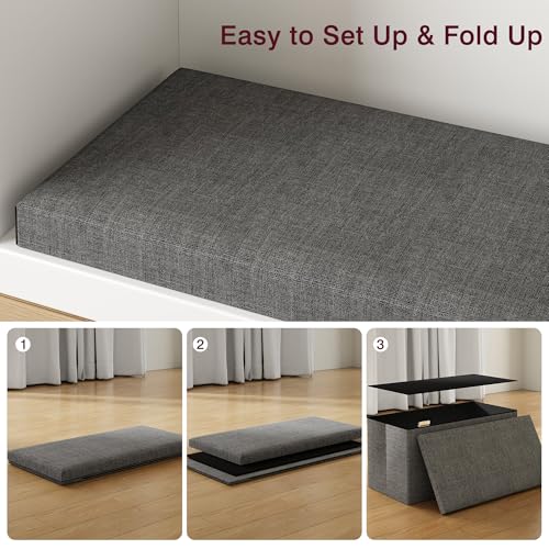 VECELO 43'' Folding Storage Ottoman Bench, End of Bed Linen Fabric Foot Rest Stool with Padded Seat, Large Footstools for Bedroom, Living Room, Load 660 lb, Grey