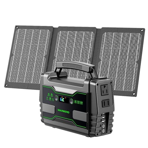 MARBERO Solar Generator 155Wh with 30W Solar Panel Portable Power Station with 2x 100W AC Outlets(Peak 150W), QC3.0 USB UL Certified for Home Blackout, Camping, RV Travel, Ultra-Light & Silent Fan - color: Green Black