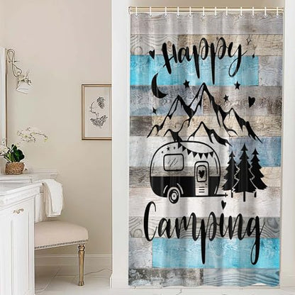 RV Shower Curtain for Bathroom, Happy Camping Shower Curtain Blue Gray Barn Door Bathroom Curtains, Rustic Wood Bathroom Decor Waterproof Travel Camping Bath Curtains with 12 Hooks 47X64 Inch - size: 47"W x 64"L (Pack of 1)