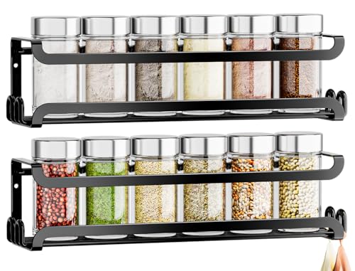 LUCYCAZ 2 Pack Wall Mounted Spice Rack with 8 Hooks, Spice Organizer Shelf for Stove Cabinet Pantry Door,Screw or Adhesive Spice Shelf Hanging Wall Spice Rack in Kitchen and RV (Black, 2 PACK) - color: Black, size: 2 PACK