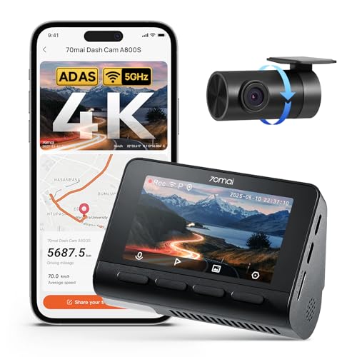 70mai 4K Dash Cam Front and Rear with STARVIS, Dashcam with 5GHz WiFi, GPS Car Camera, Super Night Vision, ADAS, 3'' IPS Screen, 24H Parking Mode, Time-Lapse, Loop Recording, Support 256GB Max (A800S) - size: A800S-1