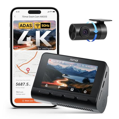 70mai 4K Dash Cam Front and Rear with STARVIS, Dashcam with 5GHz WiFi, GPS Car Camera, Super Night Vision, ADAS, 3'' IPS Screen, 24H Parking Mode, Time-Lapse, Loop Recording, Support 256GB Max (A800S) - size: A800S-1