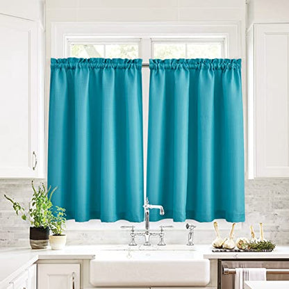 Valea Home Waffle Weave Textured Bathroom Window Curtains Water Repellent Short Curtains Window Covering Half Window Curtains Kitchen Tiers 45 inch Length, Turquoise, Set of 2 - color: Turquoise, size: 36"W x 45"L (Pack of 2)