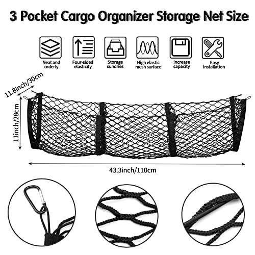 Tallew 2 Pcs Car Rear Cargo Net, Adjustable Elastic Mesh Cargo Net, 3 Pocket Heavy Duty Trunk Bed Storage Organizer, Universal for Car SUV Vehicle Pickup Truck with Accessories(43.3 x 15.7 Inches)