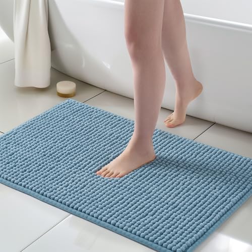 FRESHMINT Thick Chunky Chenille Bathroom Rugs 24"x36", Non Slip Bath Mat for Bathroom Floor, Large Soft Bathroom Decor Accessories, Cute Shower Mat Water Absorbent, Washable, Stone Blue - color: Stone Blue, size: 36" x 24"