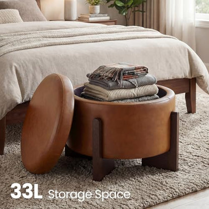 Faux Leather Round Ottoman, 22 Inch Storage Ottoman,PU Leather Ottoman,Multi-Functional Footrest for Living Room & Bedroom,Apartments (Light Brown, Round) - color: Light Brown