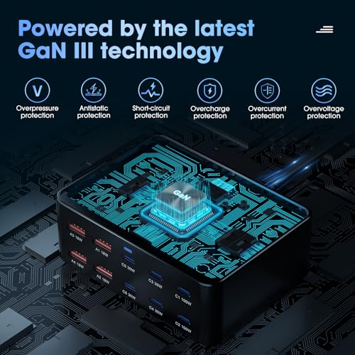 330W 10-Port USB C Charging Station, PD 100W 65W 45W 30W 20W Laptop & Phone Desktop Fast Charger Hub, Compatible with MacBook Pro/Air, iPhone 17/16/15/Pro, iPads, Galaxy