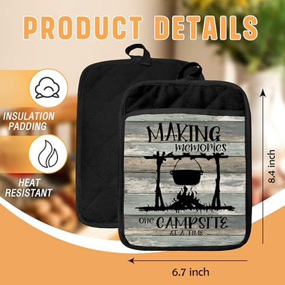 Rustic Camping Pot Holders with Pockets, Gifts for Camping Lovers, Making Memories One Campsite at a Time Oven Pot Holders Heat Resistant Oven Mitts Hot Pads for Kitchen Baking Cooking - color: Campfire-b